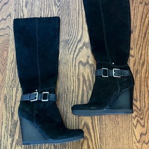 Nine West Women's Black Buckle Leather/Suede Wedge Boots, Size 9.5
